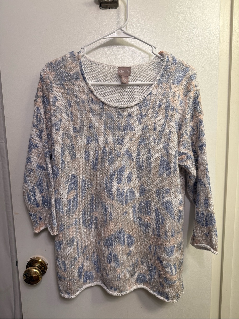 Chico's Blue and Cream Patterned Scoop Neck Sweater